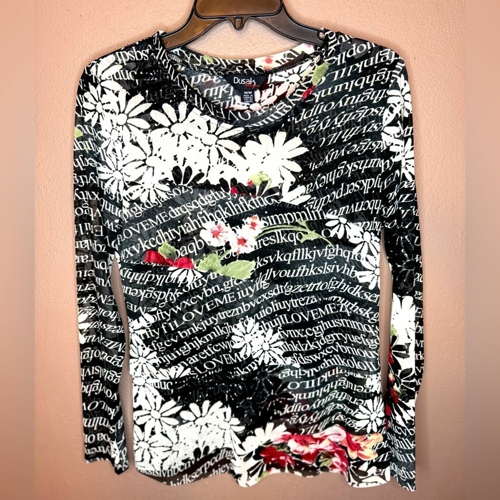 Dusak Designs Y2Kcore Floral & Text Patterned Layered Mesh Long Sleeve Size M.